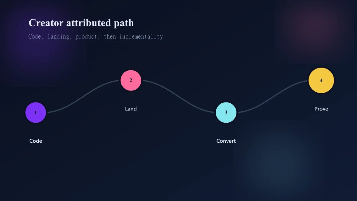 Creator and affiliate journey from content and code through landing page to Shopify order