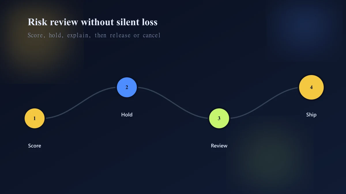 Fraud review journey from checkout risk indicators through hold fulfillment or cancel