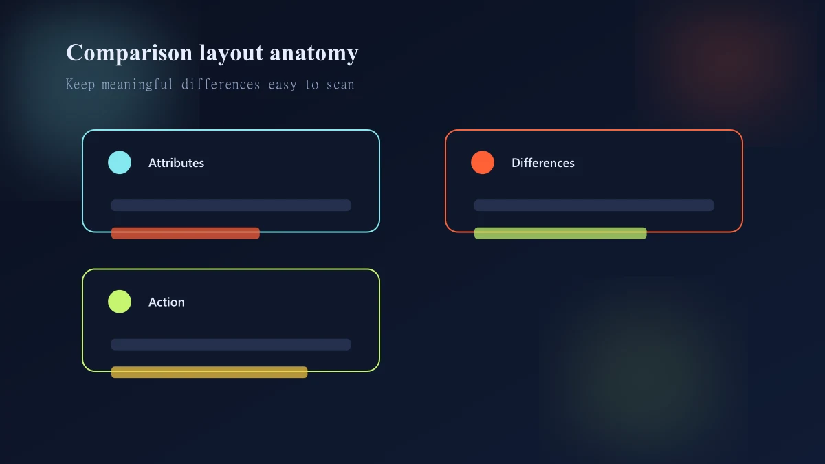 Annotated Shopify side-by-side product comparison layout with anchored labels and product actions